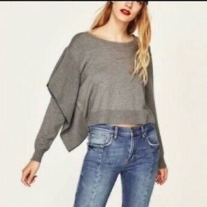 Zara knit grey sweater ruffle feature on right side size medium